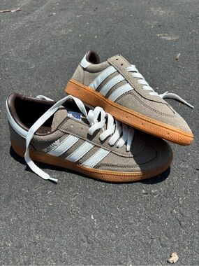 Adidas Men’s Taupe Suede Sneakers with White Stripes and Gum Sole